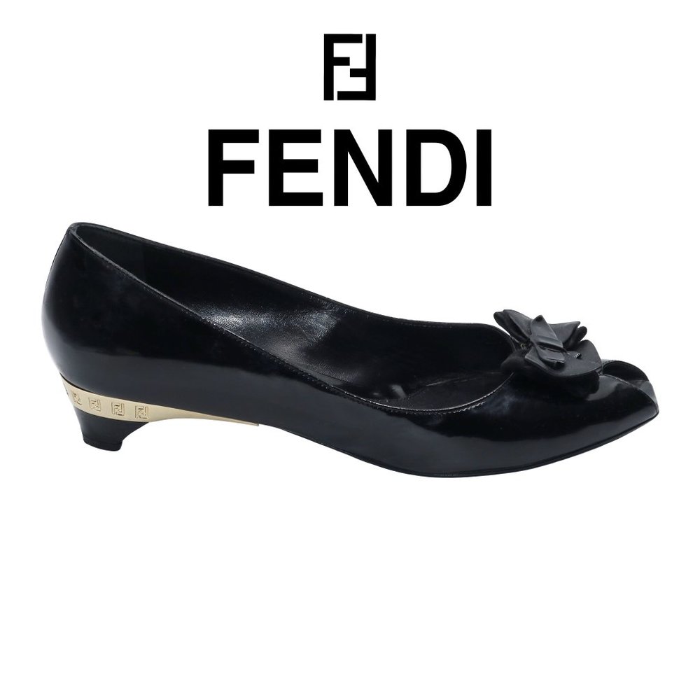 FENDI Peep-Toe Patent Leather Heels with Bow - Signature Gold Fendi Design